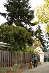 A woman with a child in a carrier stands on a sidewalk next to a wooden fence and a dog, with trees and a garage in the background.