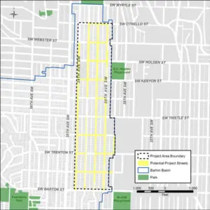 Map showing a project area boundary in Seattle with highlighted potential project streets and parks, including Barton Basin, Roxhill Park, and E.C. Hughes Playground.