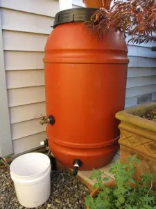 A large red rain barrel with two spigots is positioned next to a house, with a white bucket underneath to collect water.