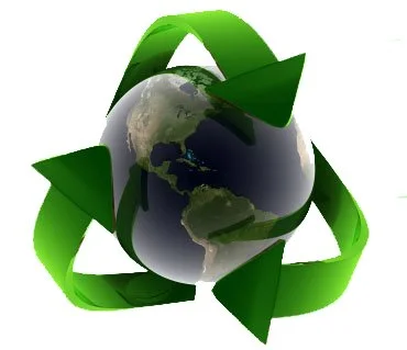 A 3D rendering of the Earth with three green recycling arrows wrapped around it, symbolizing global environmental sustainability.