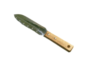 A gardening knife with a wooden handle and a stainless steel blade featuring a serrated edge and measurement markings.