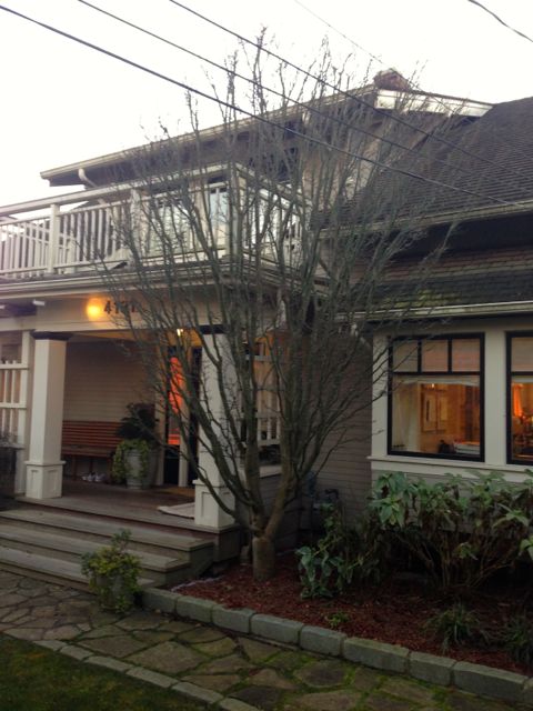 A leafless tree stands in front of a two-story house with a porch, large windows, and a balcony.
