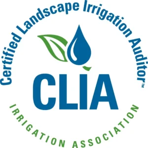 Certified Landscape Irrigation Auditor logo featuring a blue water droplet with a green leaf above the acronym "CLIA," surrounded by circular text.