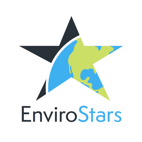 EnviroStars logo featuring a black and blue-green star with a stylized depiction of Earth, and the word 