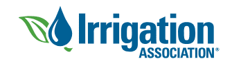 Irrigation Association logo with a blue water droplet and green leaf graphic next to the organization’s name in blue text.