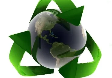 A 3D rendering of the Earth with three green recycling arrows wrapped around it, symbolizing global environmental sustainability.